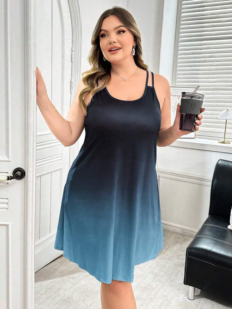 SHEIN 大码女式宽松渐变色休闲吊带裙 - 藍色 - 查看 3