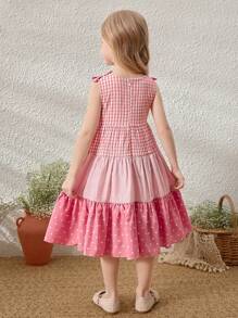 Blossori Young Girls' Elegant Loose Pink Patchwork Sleeveless Dress, Spring/Summer - Pink - View 2