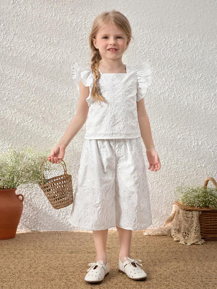 Blossori Young Girls' Elegant French Style White Embroidered Woven Blouse With Ruffle Sleeves & Matching Pants Suit, Spring/Summer