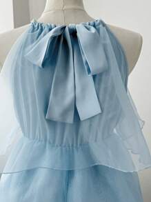 Flirla Vestido Plus Size Cor Sólida Organza Babados Cintura Amarrada