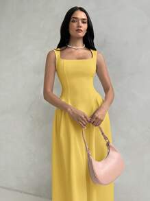 Aloruh 女式长款 A 字形泡泡袖方领性感优雅腰部褶饰花朵连衣裙 - 黃色 - 查看 7