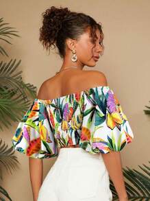 Travachic Áo kiểu ngắn tay phồng hở vai cho nữ, họa tiết nhiệt đới Oasis, thanh lịch cho lễ tốt nghiệp, thường ngày, trang nhã, dự tiệc prom. - màu xanh lá - Xem 2