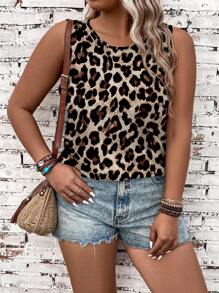 EMERY ROSE Plus Size Leopard Print Camisole And Tank Top, Vacation Wear Suitable For Going Out,Summer/Spring - Brown - View 4
