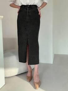 DAZY Women's Casual Washed Front Slit Denim Skirt Jeans Skirt Fall,Winter - Black - View 5