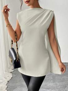 SHEIN Clasi قميص نسائي قصير مربع الأكمام، مزين بكشكشة على الجانب، خصر مشدود، مناسب للضبط - رمادي فاتح - مشاهدة 6