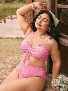Swim Mod 1 Set Plus Size Women's Sweet Pink Tie-Front Bikini Swimwear - Pink - View 2