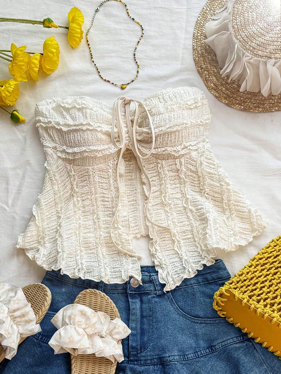 Sweetra Women Lace Trim Drawstring Crop Cami Top, Reversible Spaghetti Strap Design - Apricot - View 1