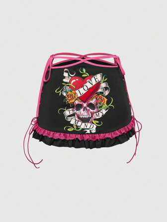 J-Fashion Minifalda de cintura baja con diseño de rosa y calavera estilo Y2K