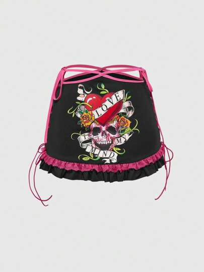 J-Fashion Minigonna vita bassa stile Y2K da donna con tatuaggio a rose e teschio