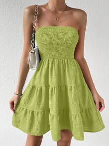 Chiquease Women Vacation Solid Color Cut-Out Back Ruffle Hem Dress - Green - View 5