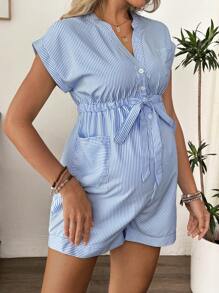 SHEIN Maternity Striped Half-Zip V Neck Pocket Drawstring Romper