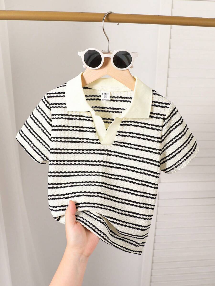 SHEIN Playful Pals 1 chiếc áo thun polo cổ chữ V dệt kim kẻ sọc tổ ong thường ngày cho bé trai, phù hợp cho bé trai từ 4-7 tuổi mặc vào mùa xuân/hè - Màu be - Xem 1