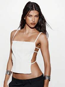 KIZN Top de Corpete Personalizado com Alças Laterais, Bustiê Estruturado, Verão, Festa, Clube, Festival, Design de Alça Dupla, Declaração de Moda - Branco - Visão 1