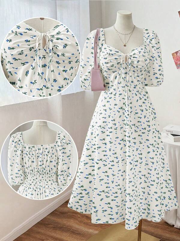 Sunnyshic Plus Size Sweetheart Collar Tie-Front Elegant Cute Casual Dress For Date, Party