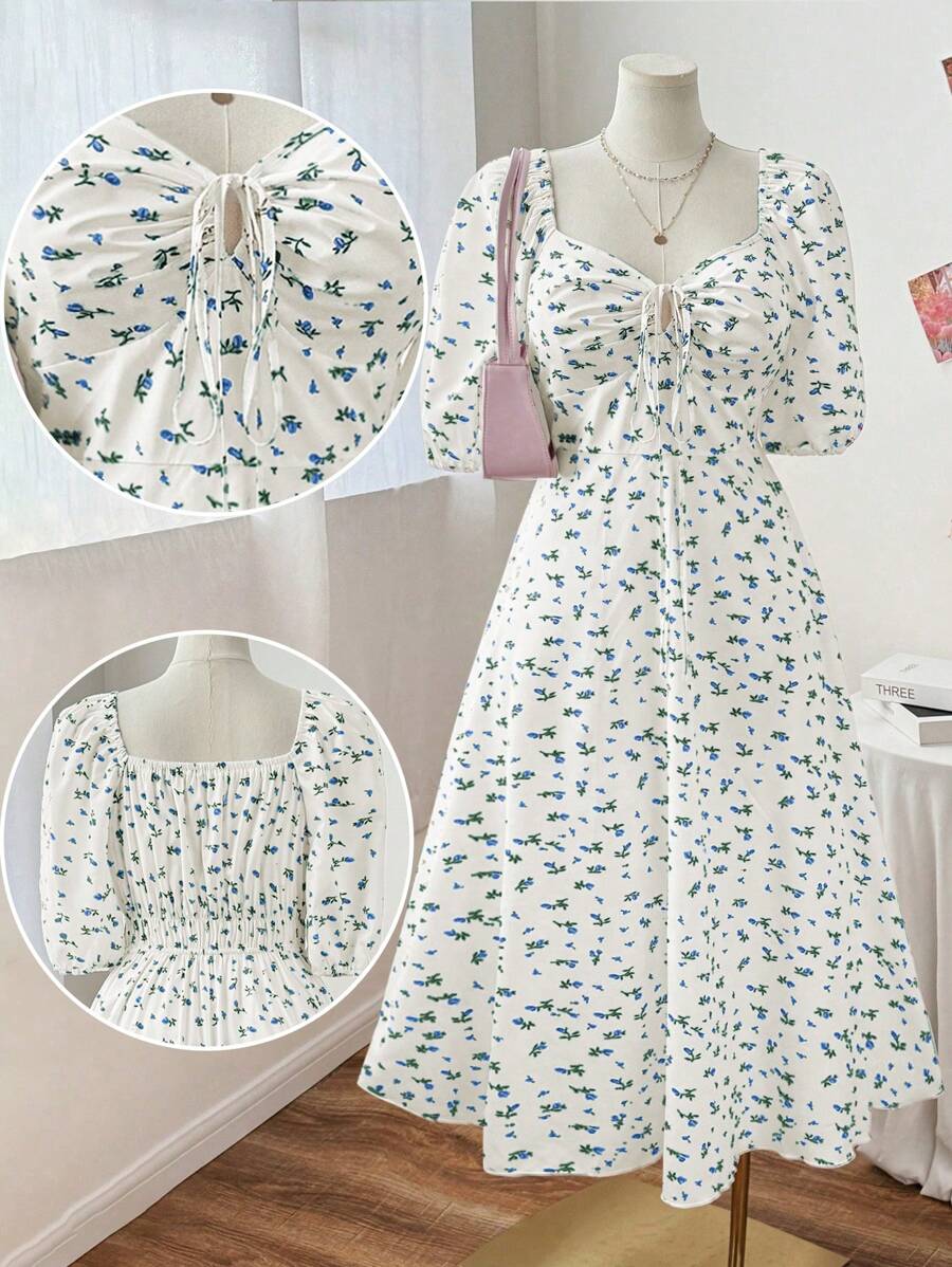 Flirla Plus Size Sweetheart Collar Tie-Front Elegant Cute Casual Dress For Date, Party