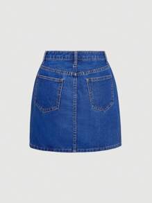 SHEIN MOD Damen bequemer, figurbetonter Minirock aus Jeans mit mittlerer Taille, blau - Dunkle Waschung - Übersicht 2