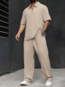 Manfinity Homme Plus Size Men 2pcs Set, Solid Color Short Sleeve Polo Shirt & Pants, Cozy Outfits