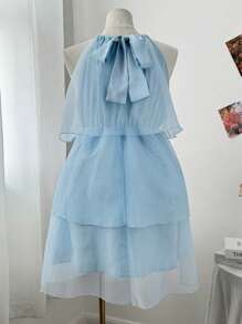 Flirla Vestido Plus Size Cor Sólida Organza Babados Cintura Amarrada