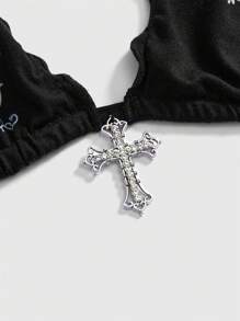 ROMWE Grunge Punk Bikini de top con estampado de cruz gótica con pedrería, talla grande, estilo Y2K - Negro - Ver 3