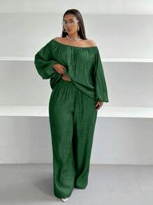 Maweii 大码休闲纯色露肩灯笼袖衬衫和裤子两件套 - 綠色 - 查看 3