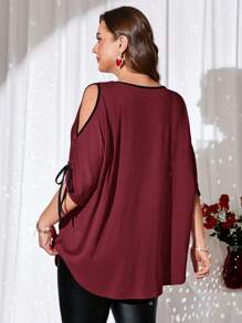 EMERY ROSE Plus Size Valentine Day Women Contrast Trim Off Shoulder Drawstring Short Sleeve Casual T-Shirt,Spring/Summer - Burgundy - View 2