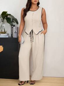SHEIN Frenchy Conjunto de 2 piezas de talla grande con chaleco y pantalones rectos con bloques de color y ribetes para uso casual y de oficina - Albaricoque - Ver 4