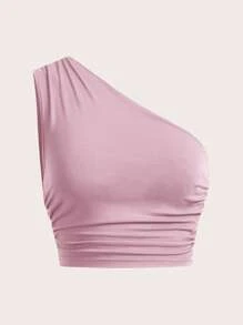 SHEIN EZwear 4 件套纯色户外服装：不对称领褶皱上衣 + 吊带背心 + 短裤 + 高腰裤 - 淺灰紫 - 查看 12