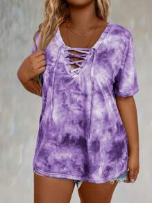 Plus Tie Dye Lace Up Front Tee Graphic Tees Women Tops - Multicolor - View 3