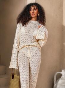 SHEIN Tall Woman Crochet Detailed Two Pieces Outfit - Apricot - View 3