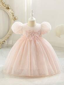 SHEIN Glamorique Kids Easter Girl Formal Wear Vintage Elegant Puffy Sleeve Floral Applique Party Dress, Luxury Custom High-End For Family Gathering, Ceremony, Party Focus