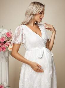 SHEIN Maternity Lace Splicing Ruffle Sleeve Elegant Dress Wedding Dress  Maternity Dress Baby Shower Maternity Wedding Guest Dress Elegant - White - View 7