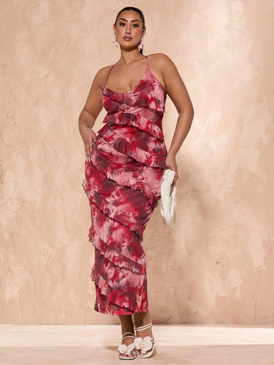 SHEIN BAE 加大码女式玫瑰花卉印花荷叶边下摆开衩长裙，优雅浪漫风格，适合海滩度假、婚礼宾客服装、音乐节、沙滩裙太阳裙、波西米亚风度假服装 - 粉色 - 查看 1