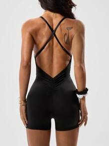 Slayoga Spring/Summer Cross Back Waisted Side Ruched Sporty Slogan Print Playsuit