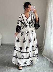 Chiquease Women's Printed Contrast Color Lace Hem Maxi Dress, Casual & Stylish, Suitable For Daily Wear, Boho Style, Vacation, Fringe, Music Festival