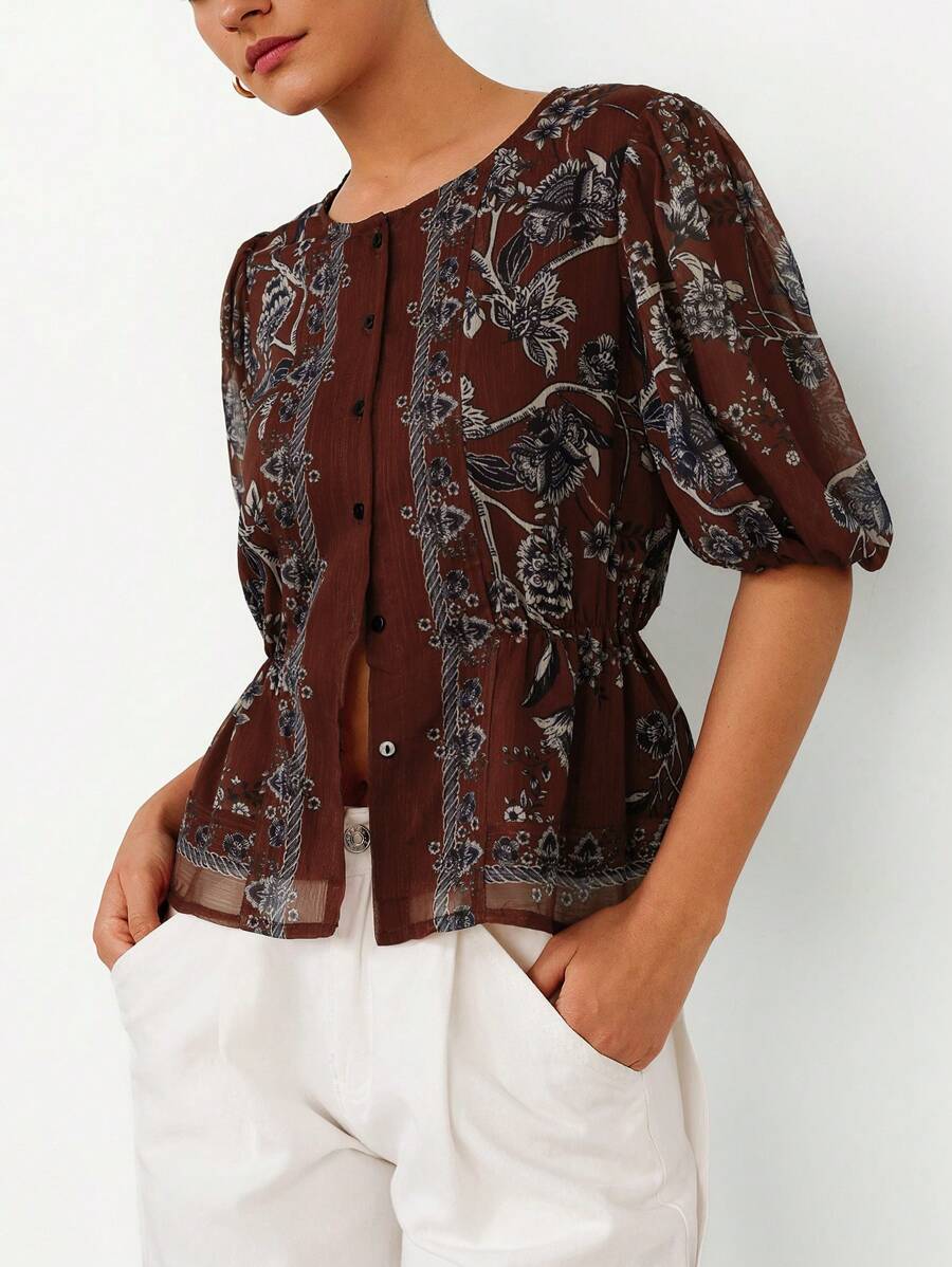 Frievida 优雅圆领碎花修身奢华女式衬衫 - 棕色 - 查看 1
