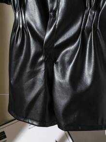 SHEIN Young Girl' Fashionable Casual Versatile Cool Round Neck Puff Sleeve Romper With Faux Leather Pants - Black - View 3
