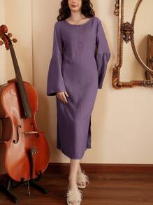 Women's Solid Color Button Design Flared Sleeve Loungewear Dress - Purple - View 1