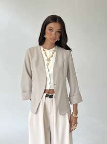 Aloruh 女式简约休闲纯色单扣轻便夹克 - 卡其色 - 查看 1