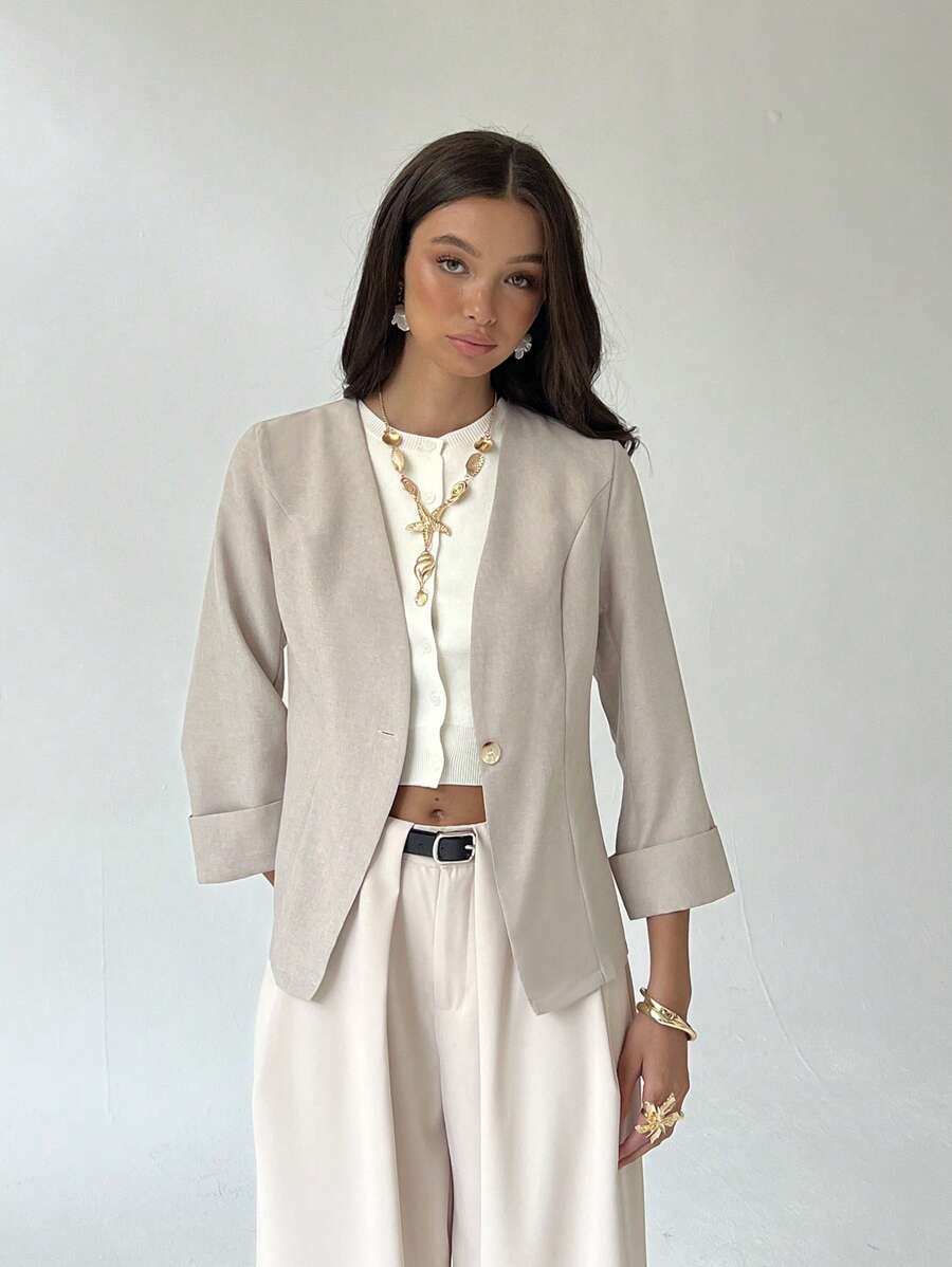 Aloruh 女式简约休闲纯色单扣轻便夹克 - 卡其色 - 查看 1