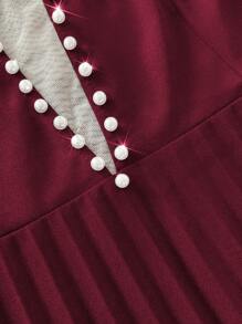 Viva Relle Plus Size Women Elegant & Romantic V-Neck Long Sleeve Pearl Decor Pleated Dress,Valentine Fall Cloth For Women - Burgundy - View 7