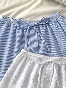 Set de 2 pantalones cortos de dormir informales y cómodos con estampado de rayas y cordón para mujer