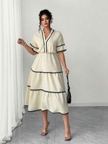 Elenzga Women's Plus Size Contrast Color Textured Fabric Casual Vacation Dress - Apricot - View 5