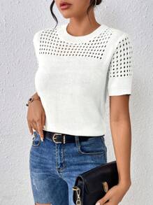 EMERY ROSE Women's Round-Neck Solid Color Short-Sleeved Knitted Top For Summer For New Year Clothes - White - View 5