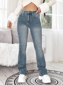 SHEIN ICON 女式 Y2k 高腰几何刺绣铆钉细节喇叭裤腿牛仔裤，带 4 个口袋 - 霧霾藍 - 查看 6