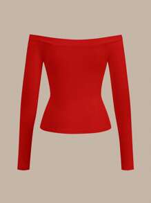 SHEIN BASICS Áo thun nữ dáng rộng tay dài hở vai dệt kim trơn đơn giản - Đỏ - Xem 2