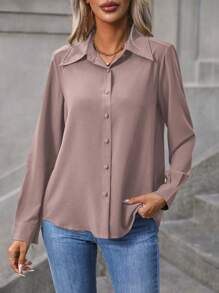 EMERY ROSE Women's Solid Color Long Sleeve Minimalist Fashion Shirt, Summer Fall Cloth For Women - Dusty Pink - View 6