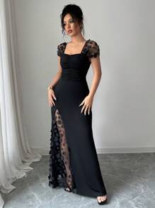 Elenzga Summer Vacation Party Jacquard Mesh Trim Fitted Dress - Black - View 5