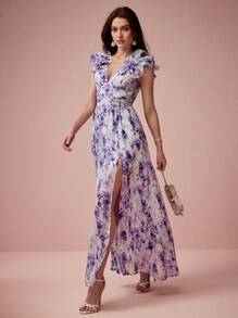 Enchnt Women's Elegant Floral Allover Print High Slit Dress, Summer,Summer Dresses For Women - Purple - View 3
