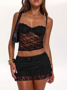 SHEIN BAE Women's Lace Decor Bowknot Mini A-Line Skirt, Suitable For Music Festival Parties, Street Style Dressing, Casual Daily Wear, Club, Graduation,Halloween