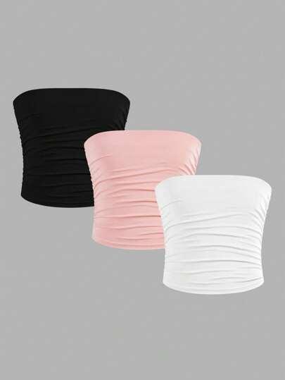 SHEIN Girlism 3pcs/Set Tween Girls Minimalist Comfortable Ruched Bandeau Tube Top Non-Slip Bralette